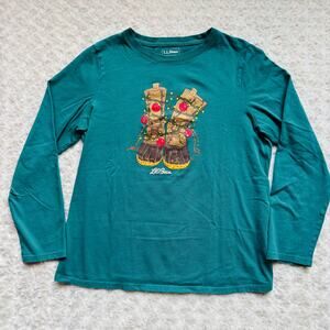 L.L. Bean Womens Duck Boots Holiday Christmas Green Cotton Long Sleeve T Shirt M